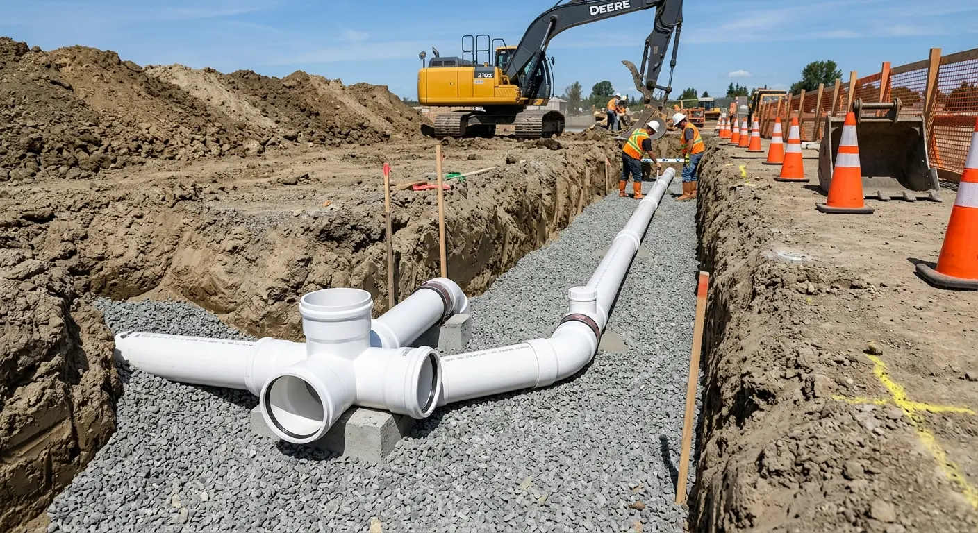 New PVC sewer pipe installation in open trench for Grease Trap Cleaning in Summit Park